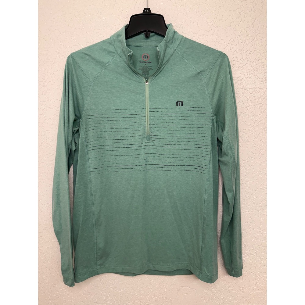 TravisMathew Mens Medium Green Heathered Quarter Zip Golf Pullover Long Sleeve